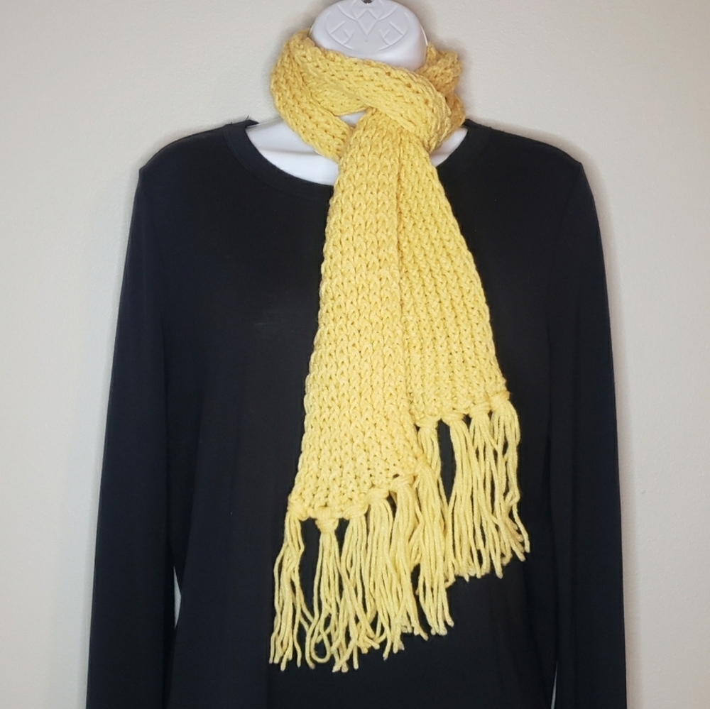 Yellow Handcrafted Crochet Scarf Fringe Edges